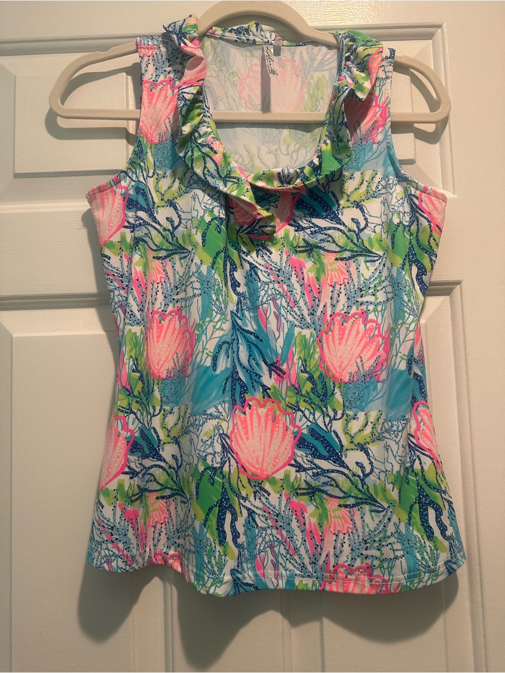 Lulu-B Floral Ruffle Neck Camisole in pink, Aqua & Lime, blue